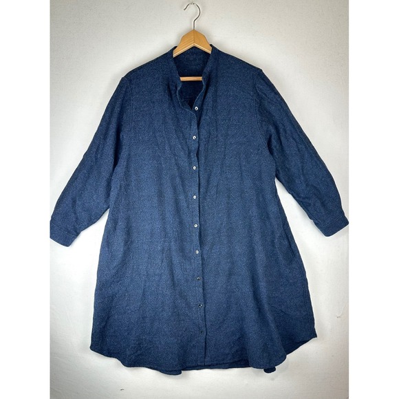 ICHI Dresses & Skirts - Ichi Japan Navy Blue 100% Wool Button Front Band Collar Midi Shirt Dress Pocket